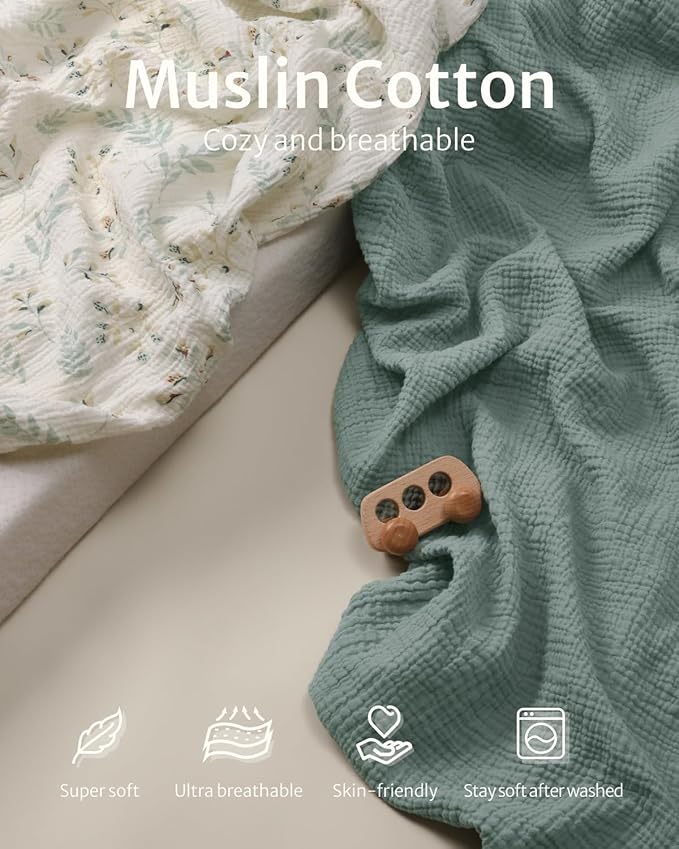 Blissful Diary Muslin Crib Sheets for Girl Boy, Boho Neutral Soft Cotton Baby Sheet for 52''x28'' Standard Crib Mattress, 2 Pack(Roman Green&Leaf)