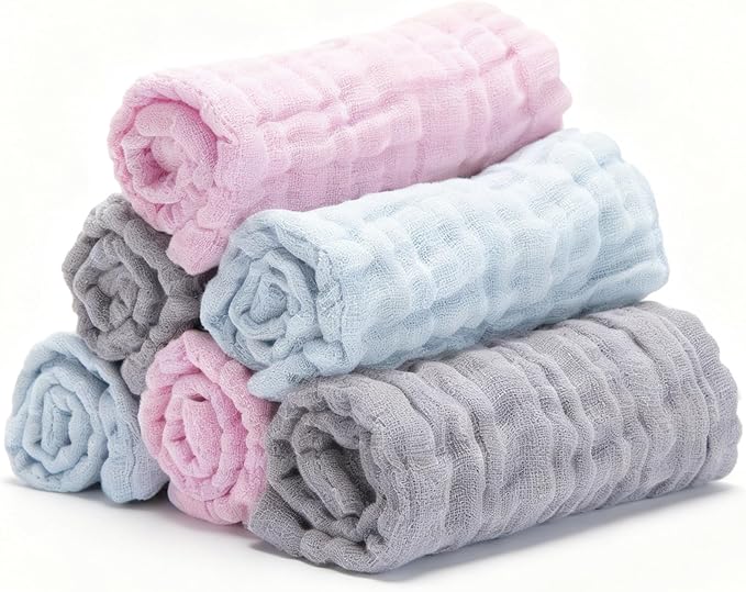 Bear Rocket Organic Muslin Baby Washcloths 6 Pack Baby Bath Face Towel 12x12 Inch Extra Absorbent and Soft Burp Cloth and Wash Cloths for Newborn-Infants On Sensitive Skin (Grey Pink Blue)