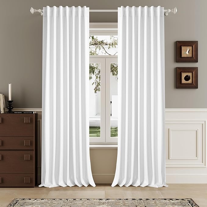 Pure White 102 Inch Length Curtains, 100% Blackout Curtains 84 Inch Extra Wide for Bedroom Thermal Insulated Noise Cancelling Pleated Heading Tape Ring Back Tab Kids Boho Drapes 2 Panel Set 84x102
