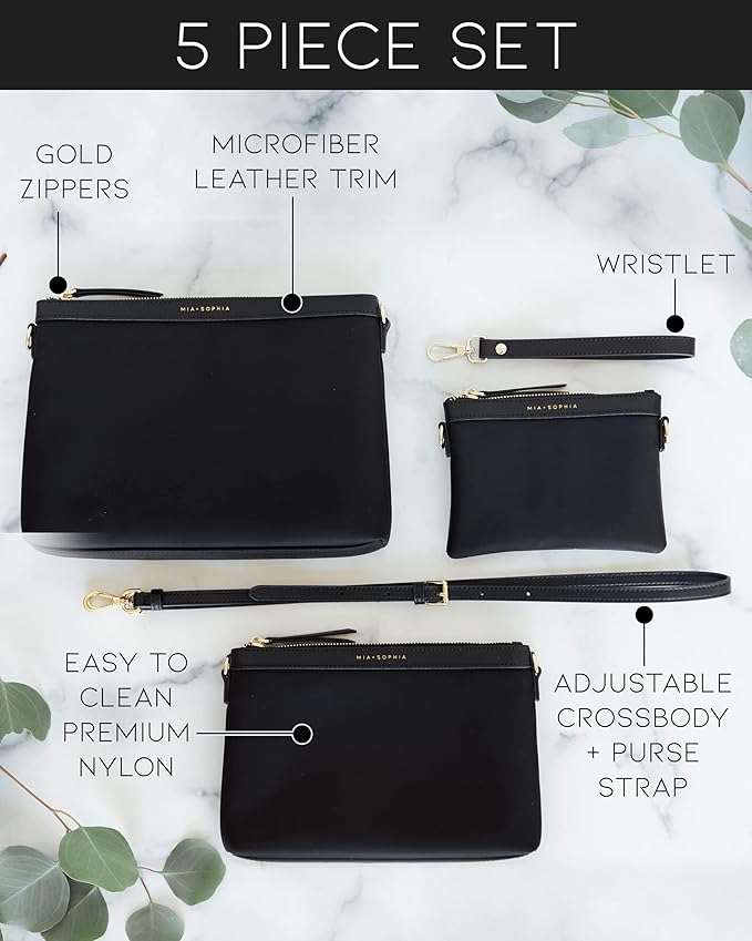 MIA + SOPHIA Diaper Bag Organizing Pouches 5 Piece Set - Baby Diaper Clutch, Crossbody Bag, Travel Diaper Bag Organizer Pouches - Black