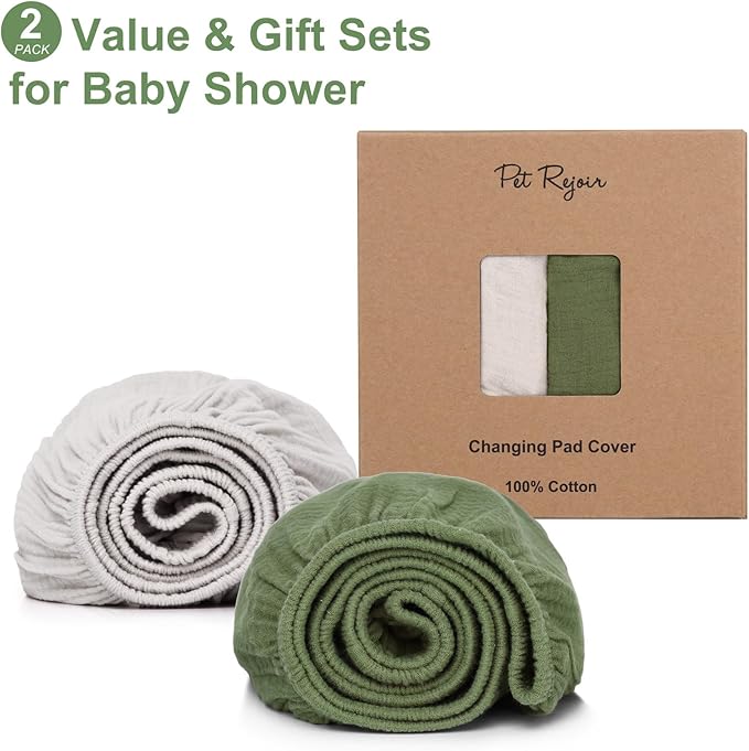 PET REJOIR Muslin Changing Pad Cover for Baby Girls Boys-2 Pack 17"x 33" Cotton Soft Diaper Changing Pad Cover-Breathable Changing Pad Sheets-Neutral Boho Olive Green & Beige