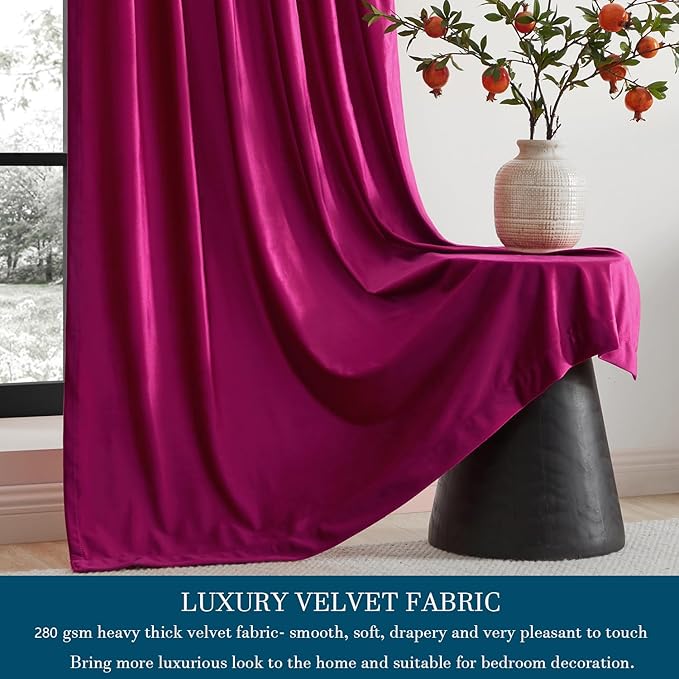 PRIMROSE Hot Pink Velvet Curtains 63 inch Long for Living Room,Set of 2 Panels Blackout Rod Pocket Back Tab Window Treatment Room Darkening Heavy Decorative Curtains Drapes for Bedroom