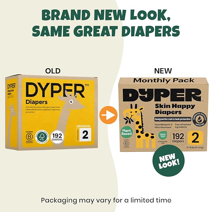 DYPER Monthly Pack Baby Diapers Size 2 (12-18 lbs) 192 Count - Leak-Proof & Plant Based, Hypoallergenic and Ultra Absorbent Size 2 Diapers for Day and Overnight Skin Protection (Packaging May Vary)