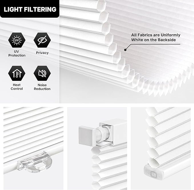 LazBlinds Cordless Cellular Shades, No Tools No Drill Light Filtering Honeycomb Shades Pleated Blinds for Windows, 40'' W x 64'' H, White
