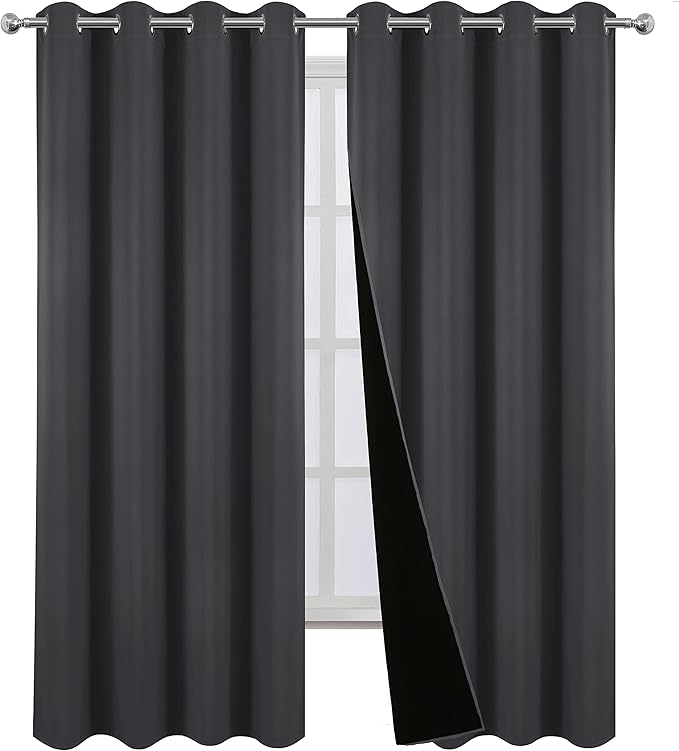 LEMOMO 100% Blackout Curtains 66 x 84 Inch Dark Grey Curtains 2 Panels Darkening Thermal Insulated Bedroom Curtains