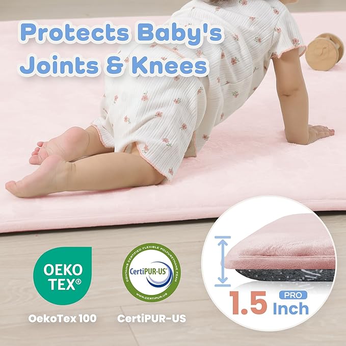 1.5" Thick Baby Play Mat for Floor, 39x59 Playpen Mat, Pro Soft Flannel Foam Mats Toddler Infant Kids Crawling for Nursery Rug Playroom Living Room Waterproof Easy Care Non-Slip (Baby Pink)