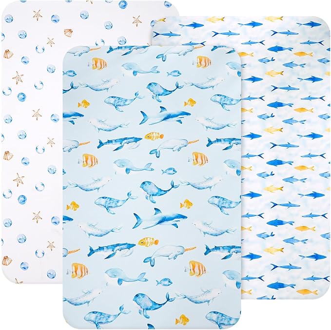 david's kids 3 Pack Mini Crib Sheets, Soft Breathable Premium Pack N Play Sheets for Baby Boys Girls Neutral, Playard and Mini Crib Mattresses, Whale