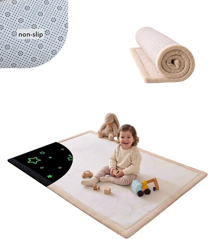 Hakuna Matte GlowCloud Baby Play Mat for Floor 47”x 67” Stars – Coral Velvet Memory Foam Rug for Crawling & Cozy Play – Non-Slip, Water-Resistant, Easy-CareTummy Time Mat, Playmat for Playpen