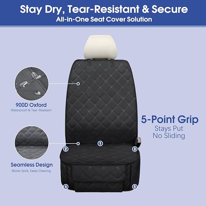 Heavy Duty Front Seat Cover with Side Flaps - Waterproof Secure Fit Captain Seat Protector for Dogs & Humans, Protects from Dirt, Fur, Scratches, Fits Cars, SUVs, Trucks, Minivans(2-Pack)