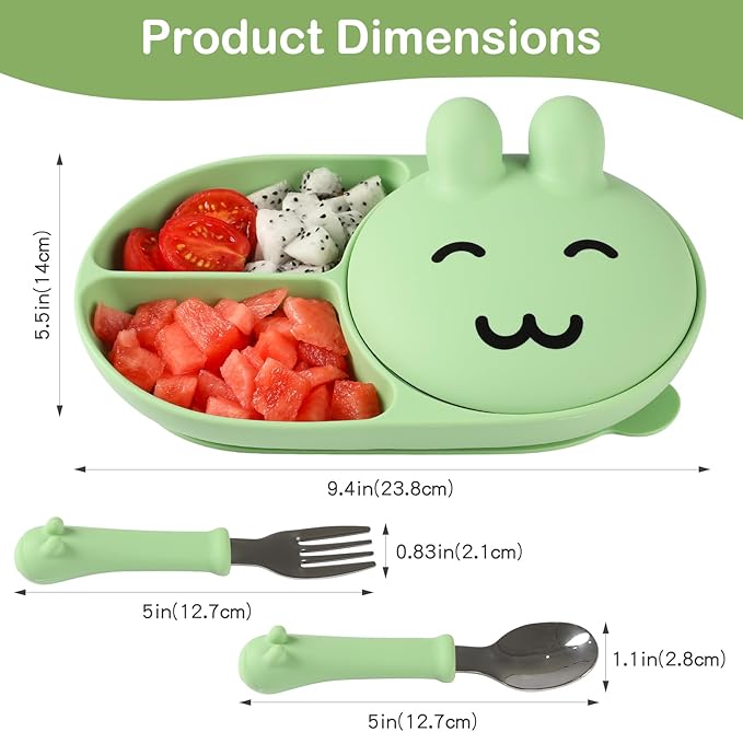 Silicone Baby Plate,Toddler plates,Self-feeding of infants after weaning, 100% Food Grade Silicone, BPA Free, Baby Dinnerware, Baby Plates With Suction, Divided Plate for Babies (green)