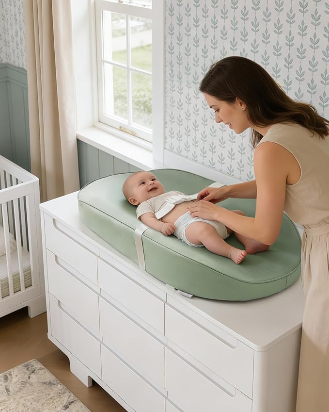 Blissful Diary Vegan Leather Baby Changing Pad with Waterproof & Wipe-Clean PU Cover, Avocado Size Cozy Diaper Changing Pad for Dresser and Table, Light Green