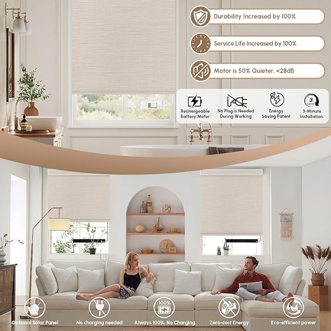 Kincmo No Drill Motorized Blinds with Remote, 100% Blackout Roller Shades for Windows, Custom Electric Blinds Compatible with Alexa, Apple Homekit, Google Home (100% Blackout Weave Beige)