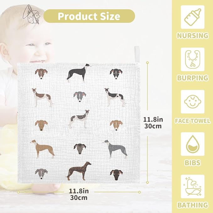 vvfelixl Baby Muslin Washcloths English Greyhound Dogs Baby Burp Cloths Cotton Baby Face Towel for Newborn Infants Boys Girls Soft and Absorbent 11.8 X 11.8 in, 3 Pack