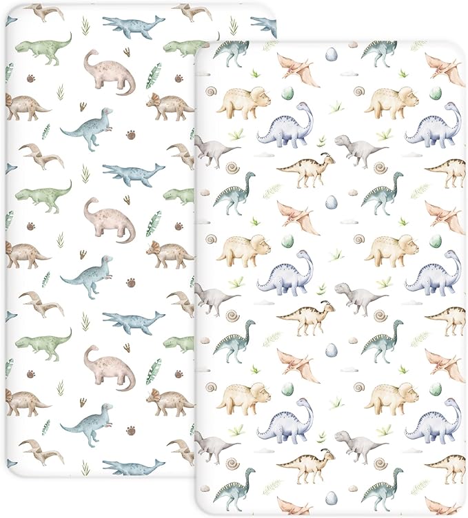 Crib Sheets for Boys and Girls, 2 Pack Fitted Baby Sheets for Standard Toddler Mattress 28" x 52", Soft Breathable Jersey Knit Baby Bedding (Dino Pals)