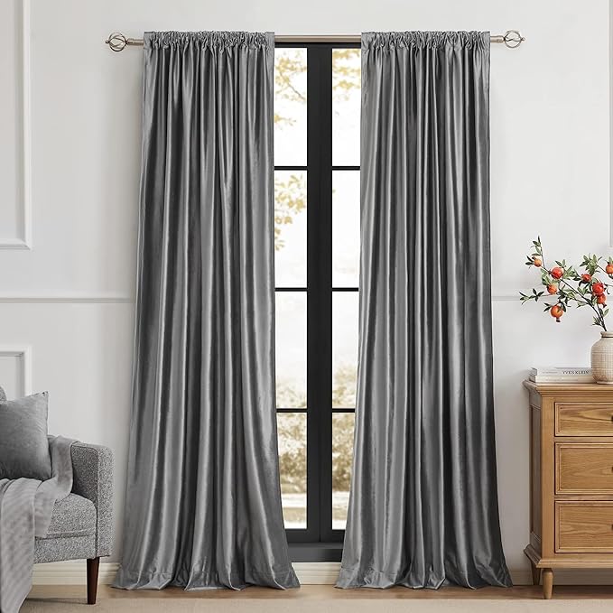 PRIMROSE Dark Grey Velvet Curtains 120 inch Long for Living Room,Set of 2 Panels Blackout Rod Pocket Back Tab Window Treatment Room Darkening Heavy Decorative Curtains Drapes for Bedroom