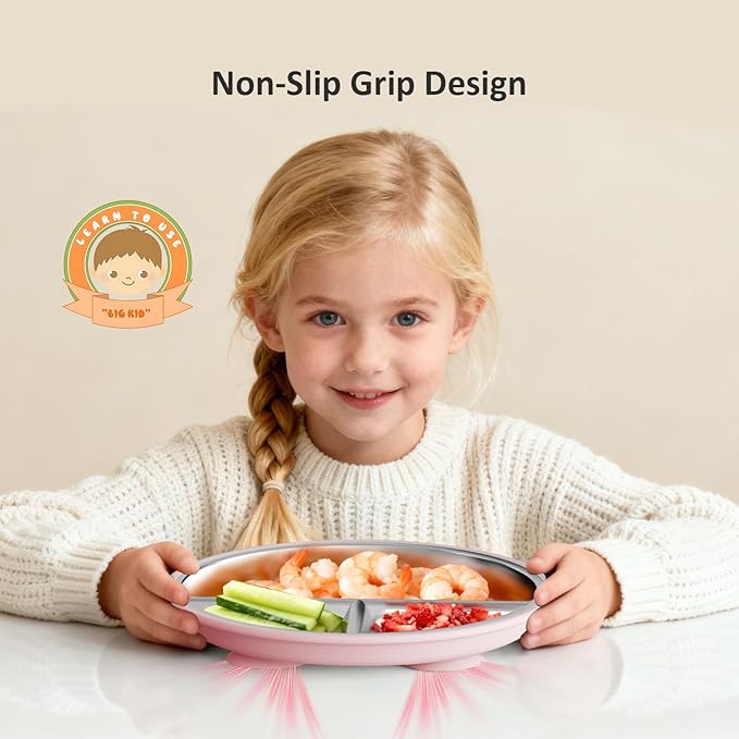 Bakpoco Stainless Steel Suction Plates for Toddlers, 9" Divided Kids Baby Plates with Removable Silicone Suction, Non Toxic Non Slip Portion Control Snack Dishes 3 Packs, Pink Beige Lilac