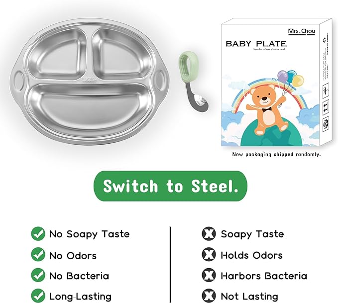 Mrs. Chou Stainless Steel Baby Suction Plates: Divided Plates for Babies and Toddlers, Made of 100% Food-Grade Materials Ideal for Baby-Led Weaning BPA-Free Toddler Feeding Dishwasher Safe Green