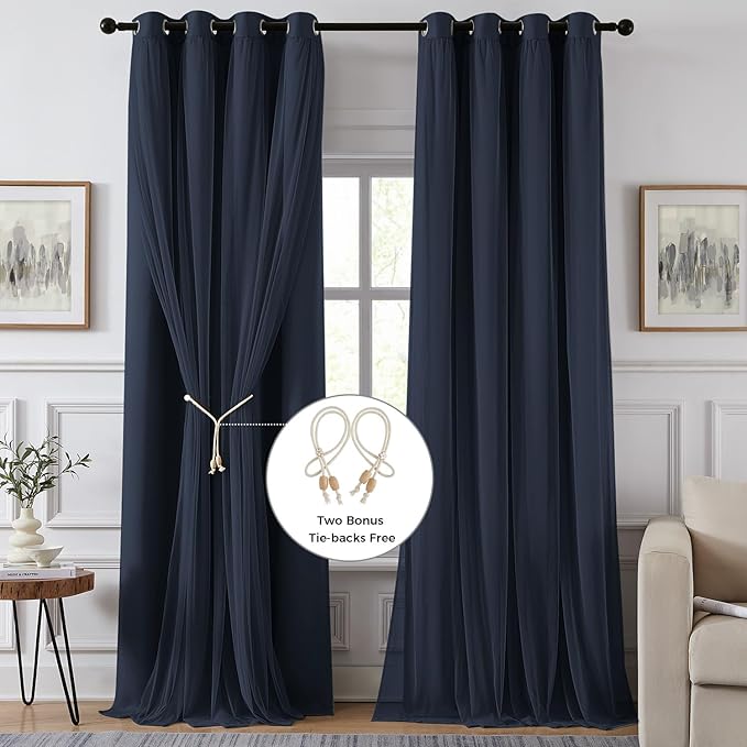 100% Blackout Curtains for Bedroom, Double Layer Navy Blue Curtains, Black Out Curtain 108 inch Long with Sheer Overlay for Living Room, Room Darkening Drapes with Grommet, 52" W x 108" L