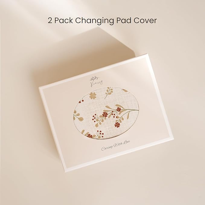 Konssy Muslin Changing Pad Cover for Baby Girls Boys, 100% Cotton Fitted Diaper Chang Table Covers, Soft Breathable Changing Pad Sheets, 2 Pack (Chestnut, Posy)