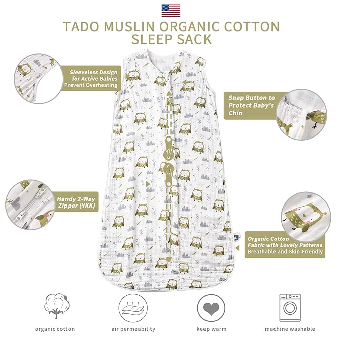 TADO MUSLIN Toddler Sleep Sack 2-4T, 0.5 TOG Lightweight Wearable Blanket, 100% Organic Cotton Muslin, Sleeveless, 2-Way YKK Zipper, OEKO-TEX Certified, Owl