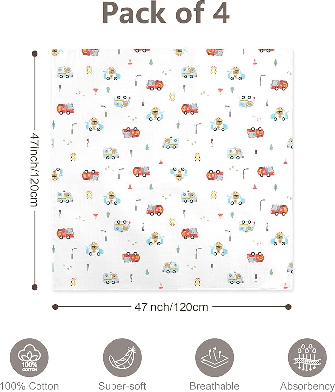 4-Pack 100% Cotton Muslin Swaddle Blankets, Large 47 x 47 Inches — Breathable Soft Receiving Blankets for Newborns, Swaddling Wraps, Registry Gift (Construction Car Adventure)