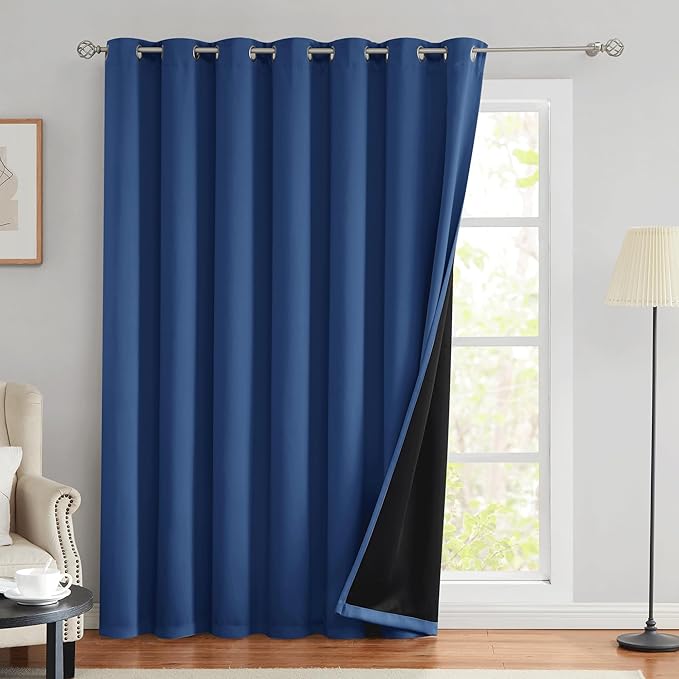 Beauoop 100% Blackout Curtains 96 Inches Long for Patio Sliding Door Blue Solid Extra Wide Room Darkening Thermal Insulated Room Divider Soundproof Grommet Window Treatment Drapes,100x96 Set of 1