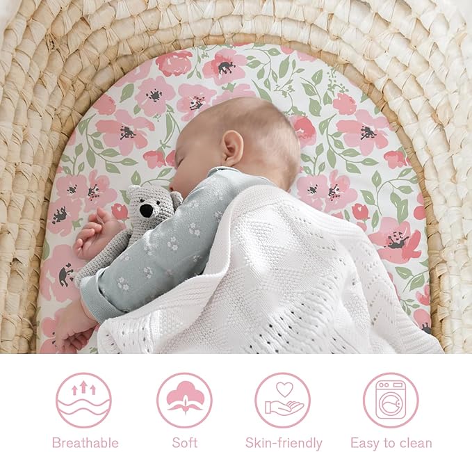Little Grape Land Bassinet Sheets 4 Pack, 33" x 18" Fitted Bassinet Sheets Up to 4" Deep Pocket, Ultra Soft Baby Bassinet Fitted Sheets for Bassinet Mattress, Rose Garden