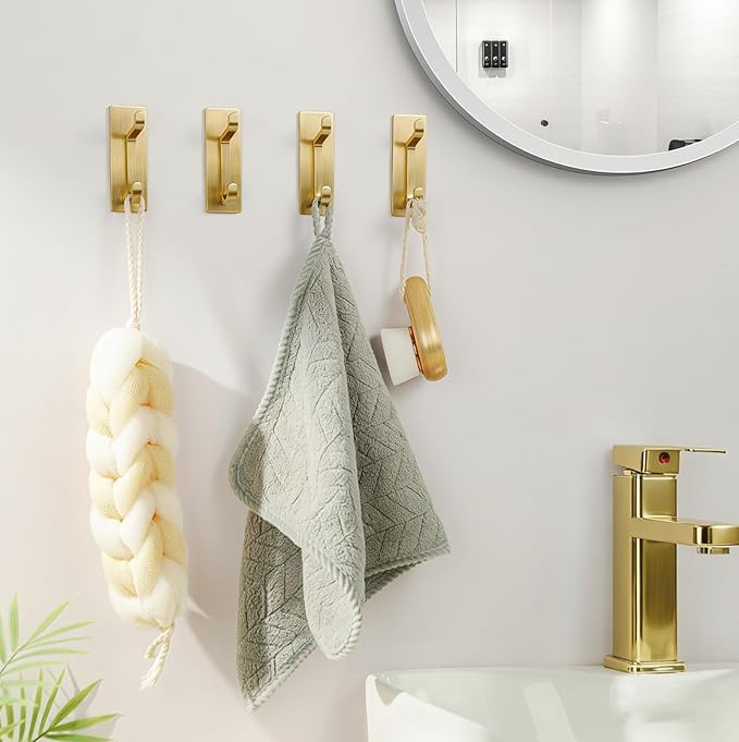 pickpiff 12 Pack Wall Hooks for Coat and Towel: 13LB Strong Adhesive Door Hanger Stick on, Brushed Gold