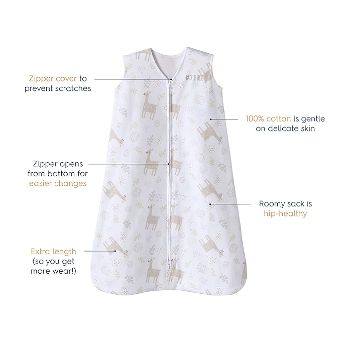 HALO SleepSack, 100% Cotton Wearable Blanket, Swaddle Transition Sleeping Bag, TOG 0.5, Llama Sand, Size Medium, 6-12 Months
