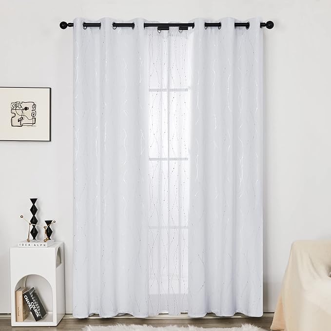 Deconovo Bedroom Curtains, Room Darkening Drapes, Thermal Insulated Soundproof Panel, Silver Wave Dot Print, 38 x 84 Inch, Machine Washable Window Panels for Living Room Home, Set of 2, Greyish White