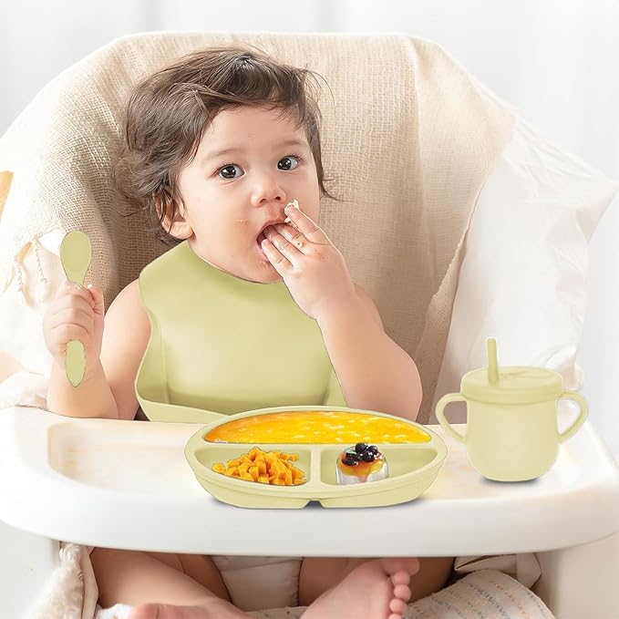 Dormlony 100% Silicone Baby Feeding Set,BPA Free Baby Dishes Set with Suction Bowl Divided Plate,Toddler Self Feeding Dish Set with Spoons Forks Sippy Cup and Bib, Baby Eating Utensils (Yellow)