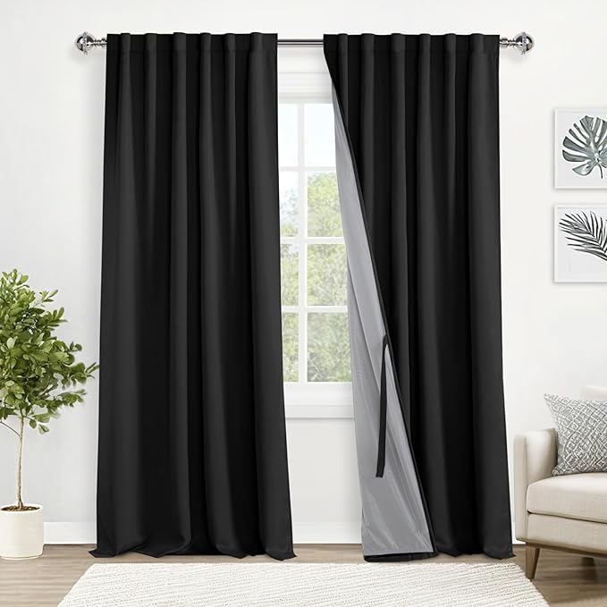 XWZO 100% Blackout Curtains 95 Inches Long with Tiebacks- Privacy Protection & Noise Blocking Window Draperies with Black Liner for Bedroom, Black, Rod Pocket/Back Tab, W52 x L95, Set of 2