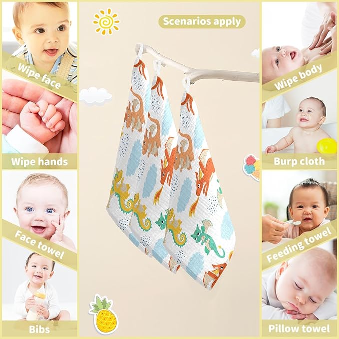 vvfelixl Flying Dragons Baby Burp Cloths Baby Muslin Washcloths for Boys Girls Cotton Baby Face Towel for Newborn Infants Soft and Absorbent 11.8 X 11.8 in, 5 Pack