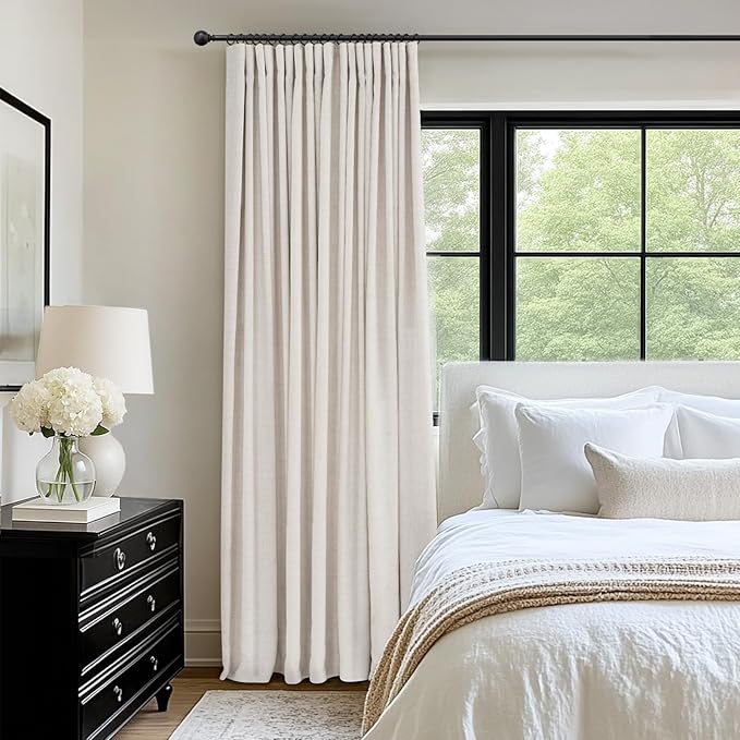 INOVADAY 100% Blackout Curtains for Bedroom, Black Out Curtains 90 Inch Long, Clip Rings Linen Blackout Drapes, Thermal Insulated Room Darkening for Living Room, 1 Panel - Beige,W102xL90