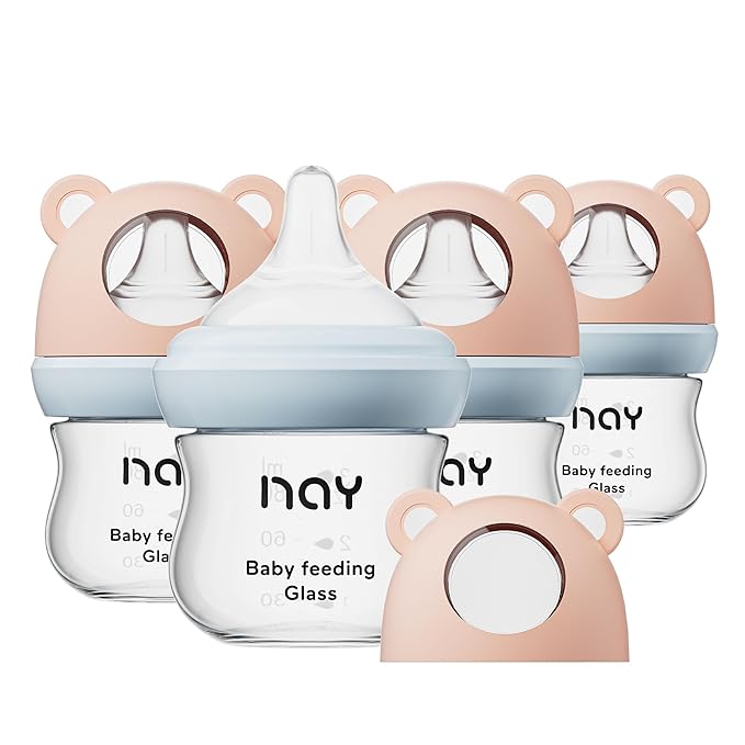 yanyoyo Natural Glass Baby Bottle for Breastfeeding Babies, 3oz Newborn Anti-Colic Baby Bottle with Slow Flow Nipples (SS), Clear, Wide Neck, 4 Pack, 0 Months+