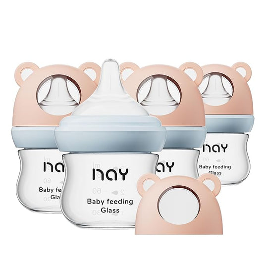 yanyoyo Natural Glass Baby Bottle for Breastfeeding Babies, 3oz Newborn Anti-Colic Baby Bottle with Slow Flow Nipples (SS), Clear, Wide Neck, 4 Pack, 0 Months+