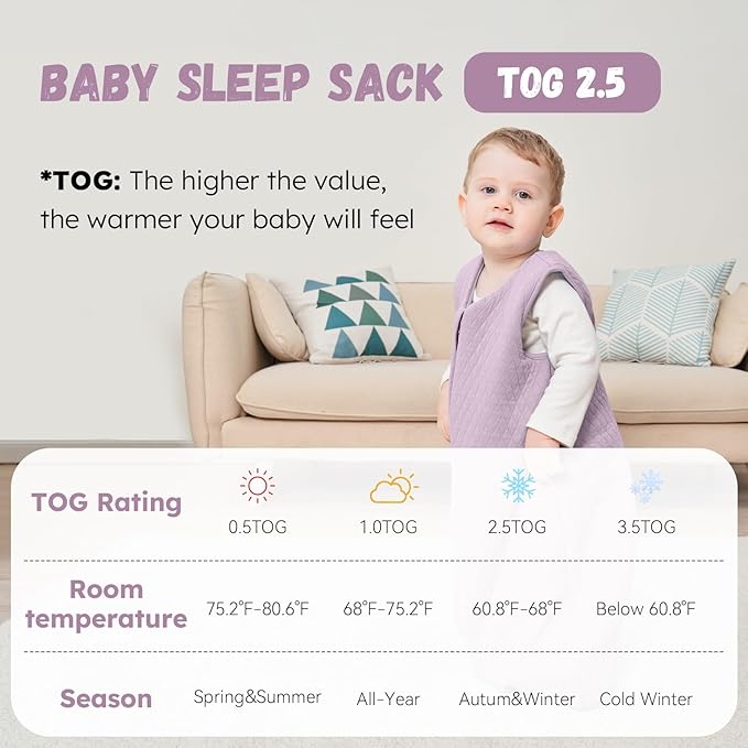 Yoofoss Baby Sleep Sack 6-12 Months TOG 2.5 Winter Baby Wearable Blanket, 100% Organic Cotton Infant Toddler Sleeping Sack 2-Way Zipper Warm Quilted Sleep Sack