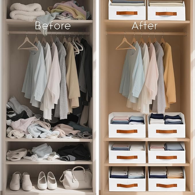 Fabric Storage Bins for Organizing - 10 Pack Large Trapezoid Collapsible Storage Bins with Front Handle, Closet Organizers and Storage for Bedroom, Home Shelves, Small Spaces, White