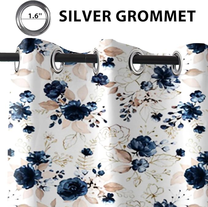 Renaiss Blue and White Floral Blackout Curtains Gold Line Rose Flowers Thermal Insulated Window Drapes for Bedroom 29W x 55L inches 2 Panel Set Window Curtain Panels for Kitchen