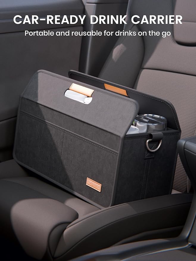 Fluxynara 8-Cup Reusable Felt Drink Carrier with Handle and Adjustable Shoulder Strap, Drink Holder for Car, Multi-Cup Drink Carrier Bag for Delivery, Travel, Picnics (Black)