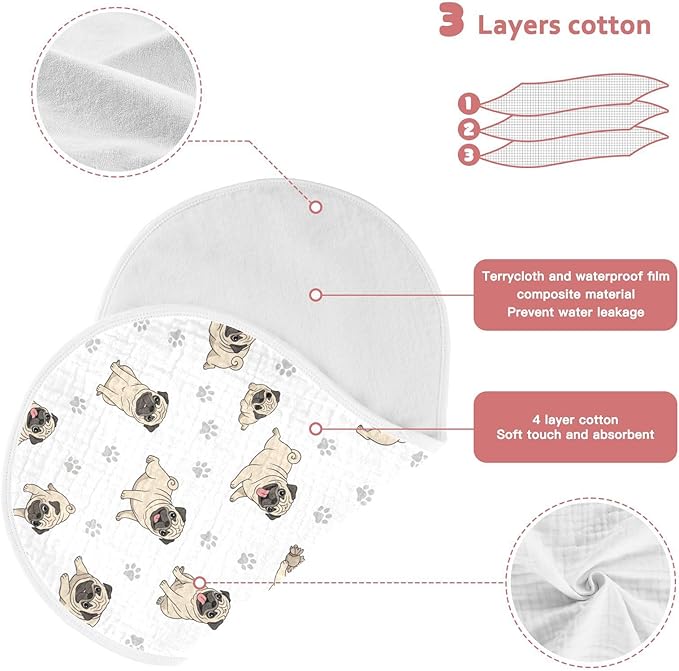 Qinllo 2 Pack Muslin Burp Cloths Pugs Dog Paw White Cotton Baby Burp Cloths Ultra Soft Burping Cloth Absorbent Spit Up Rags for Newborn Boys Girls 22x11 Inch