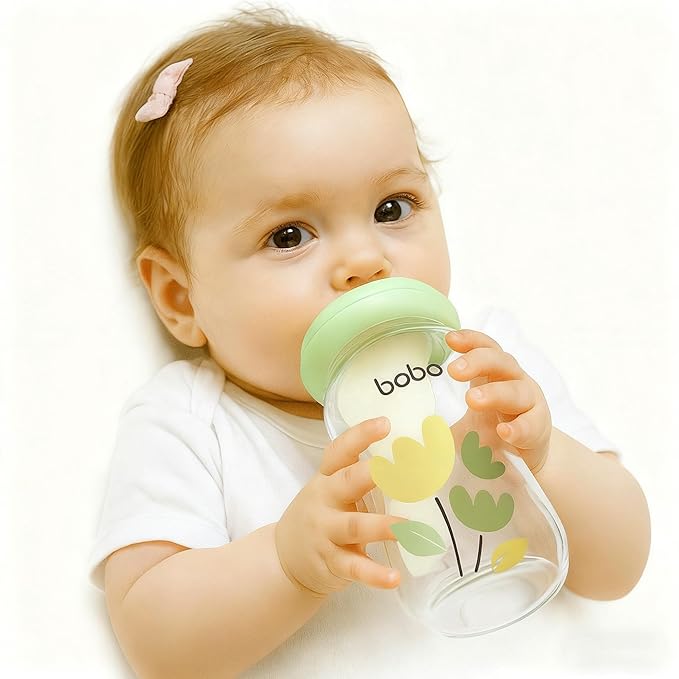 YOHKOH Natural Glass Baby Bottle with Level 1 Slow Flow Nipple, Newborn Anti-Colic Baby Bottles, Wide Neck Mushroom Baby Glass Bottle (Green, (5.4oz (Pack of 4))