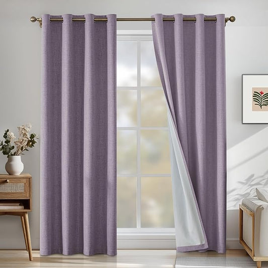 Linen 100% Blackout Curtains for Bedroom, Black Out Curtains 45 Inch Long, Room Darkening Curtains for Living Room, Long Curtain Grommets Drapes, Thermal Curtains(2 Panels, Purple)
