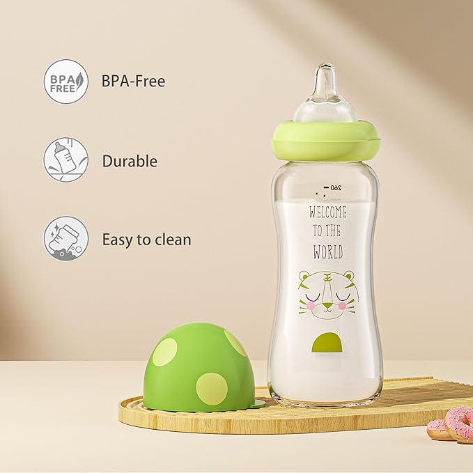 YOHKOH Natural Glass Baby Bottle with Level 2 Medium Flow Nipple, Newborn Anti-Colic Baby Bottles, Wide Neck Mushroom Baby Glass Bottle (8.8ounce (Pack of 2), Green1)