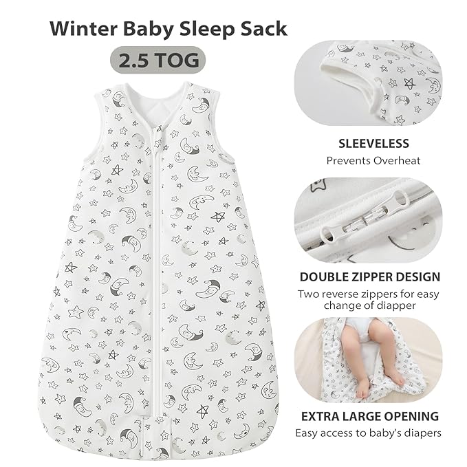 Mosebears Sleep Sack Baby Winter Wearable Blanket with 2-Way Zipper,2.5 TOG Cotton Sleep Sack Unisex (White Star, 18-24 Months)