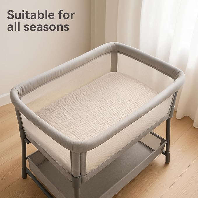 Pro Goleem Muslin Bassinet Sheets, 100% Cotton Breathable Soft Fitted Baby Pad Protector for Boys Girls, Fit Oval/Hourglass/Rectangular Bassinet Mattress, Neutral, 2 Pack (Brown＆Beige)