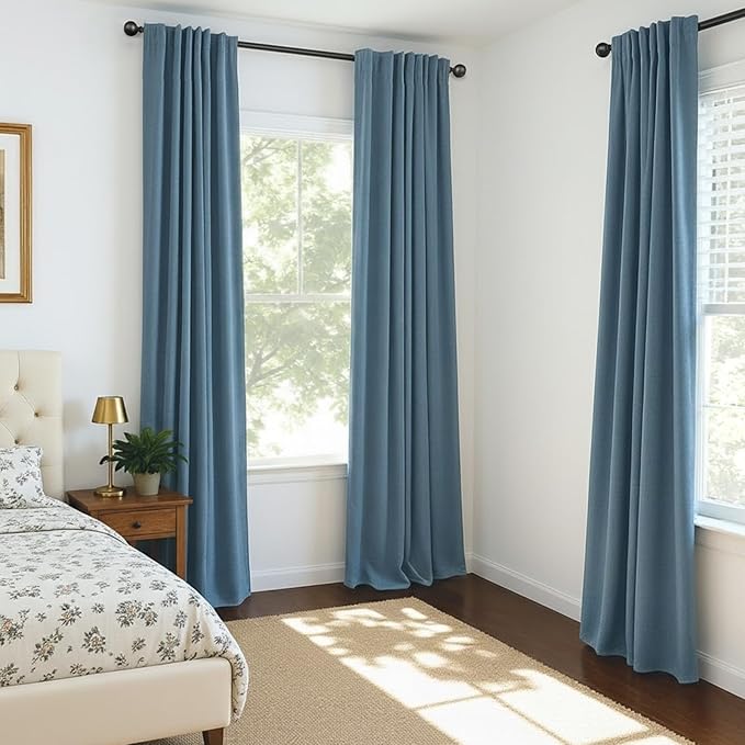 INOVADAY 100% Blackout Curtains for Bedroom, Black Out Curtains 84 Inch Long, Clip Rings Linen Blackout Drapes, Thermal Insulated Room Darkening for Living Room, 2 Panels - Stone Blue, W50xL84