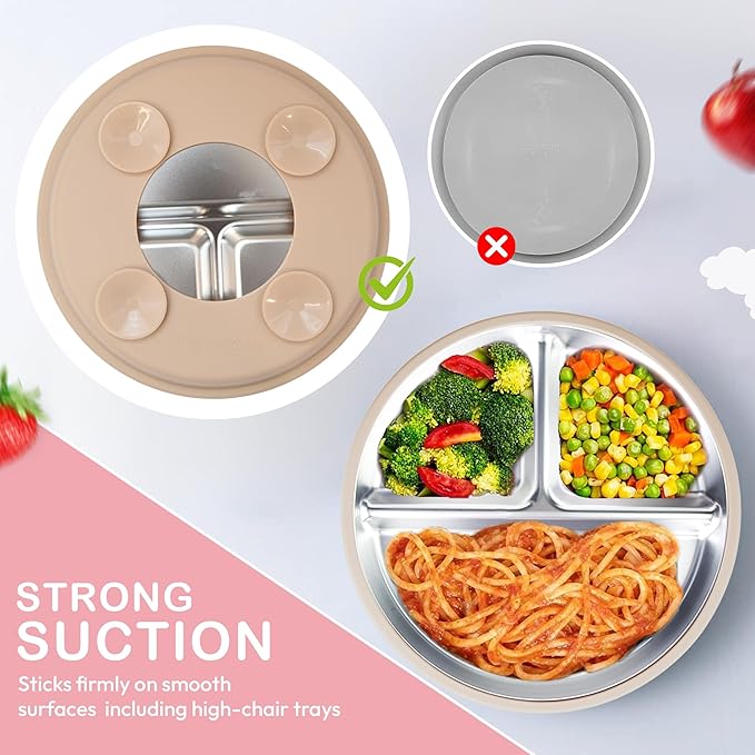 MOMERA Stainless Steel Baby Plate & Bowl Set with Suction | Divided Toddler Feeding Set | Durable, BPA-Free, Easy to Clean | Baby Tableware for Self-Feeding