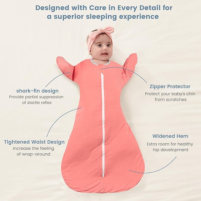 ZIGJOY Shark-Fin Transitional Swaddle for Newborn - 2.5 Tog Rayon Made from Bamboo Transition Swaddle Sleep Sack 6-12 Months Baby Arms Up Swaddle Blanket with 2-Way Zipper, Pink