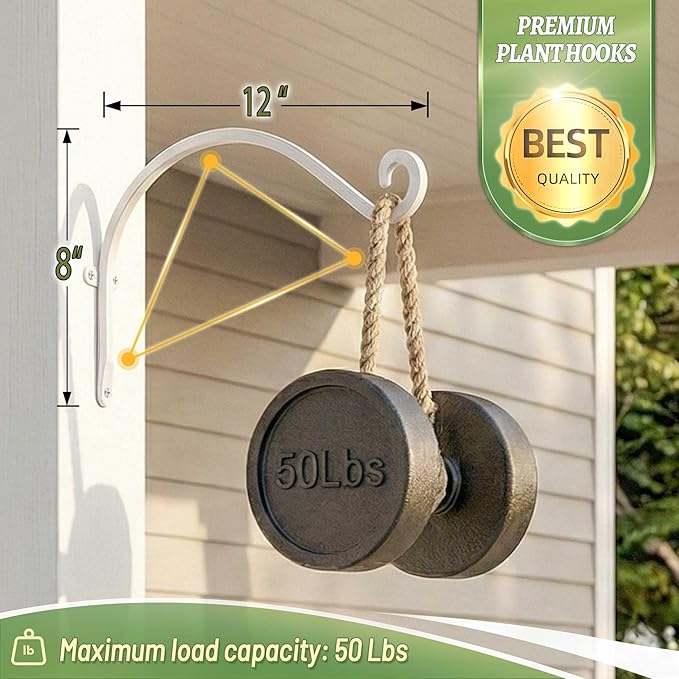 Hanging Plant Brackets Outdoor: 50lbs Weight Capacity - Hanging Plant Hangers Wall Hooks 2 Packs, 12-Inch Wall Mount Brackets for Bird Feeder, Flower Baskets, White